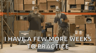 Two Men Are Standing In A Warehouse With The Words I Have A Few More Weeks To Practice GIF