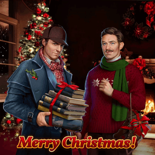 Two Men Are Standing In Front Of A Christmas Tree And The Words Merry Christmas GIF