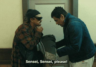 Two Men Are Standing In Front Of A Door And One Of Them Says Sensei Please GIF