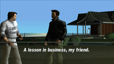 Two Men Are Standing In Front Of A House With The Words A Lesson In Business My Friend On The Bottom GIF