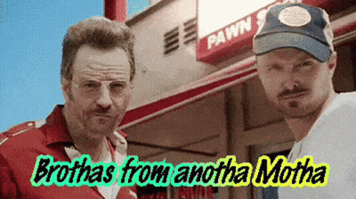 Two Men Are Standing In Front Of A Pawn Shop With The Words Broths From Another Motha GIF