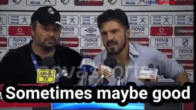 Two Men Are Standing In Front Of Microphones And The Words Sometimes Maybe Good Are Above Them GIF