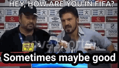 Two Men Are Standing In Front Of Microphones With The Words Hey How Are You In Fifa Sometimes Maybe Good GIF