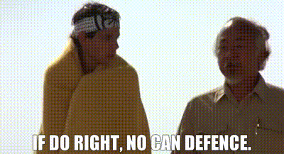 Two Men Are Standing Next To Each Other And One Of Them Is Saying `` If Do Right , No Can Defence '' . GIF