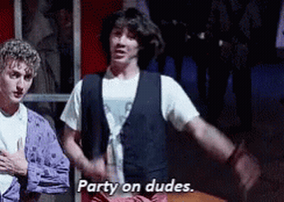 Two Men Are Standing Next To Each Other And One Of Them Is Saying Party On Dudes GIF