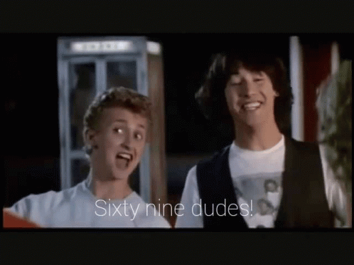 Two Men Are Standing Next To Each Other And One Of Them Is Saying Sixty Nine Dudes GIF