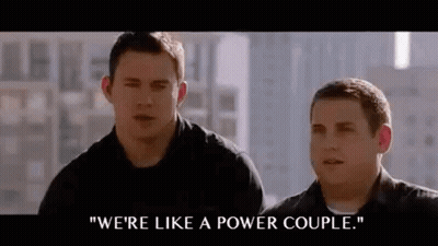 Two Men Are Standing Next To Each Other And One Of Them Is Saying `` We 'Re Like A Power Couple '' . GIF