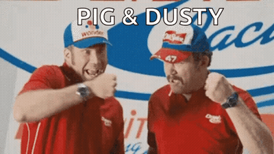 Two Men Are Standing Next To Each Other And One Of Them Is Wearing A Hat That Says Pig & Dusty On It . GIF