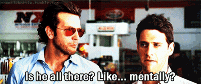 Two Men Are Standing Next To Each Other And One Of Them Says " Is He All There " GIF
