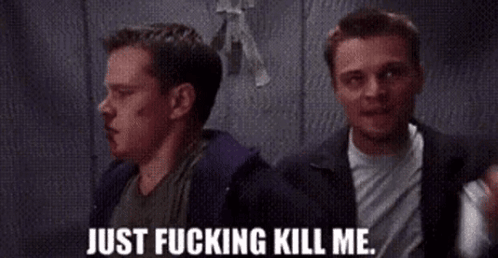 Two Men Are Standing Next To Each Other And One Of Them Says Just Fucking Kill Me GIF