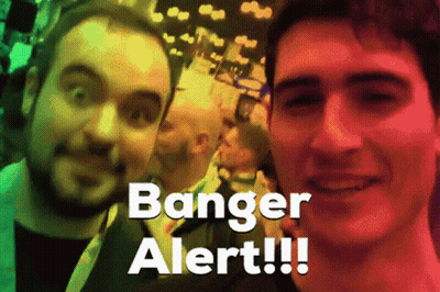 Two Men Are Standing Next To Each Other And The Words Banger Alert Are On The Bottom GIF