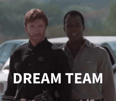 two men are standing next to each other and the words dream team are visible