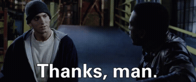 Two Men Are Standing Next To Each Other And The Words Thanks Man Are Written In White GIF