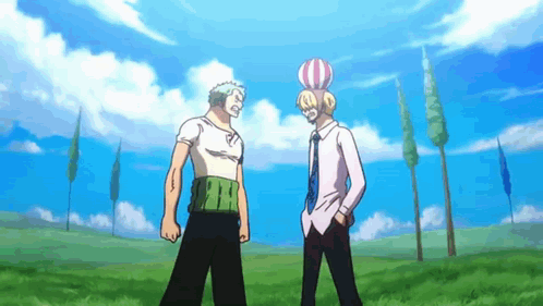 Two Men Are Standing Next To Each Other In A Grassy Field . GIF