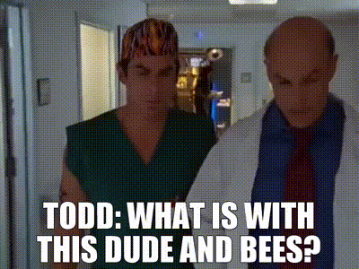 two men are standing next to each other in a hallway and one of them is asking the other what is with this dude and bees