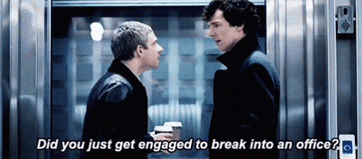 Two Men Are Standing Next To Each Other In An Elevator And One Of Them Is Asking The Other If He Just Got Engaged GIF