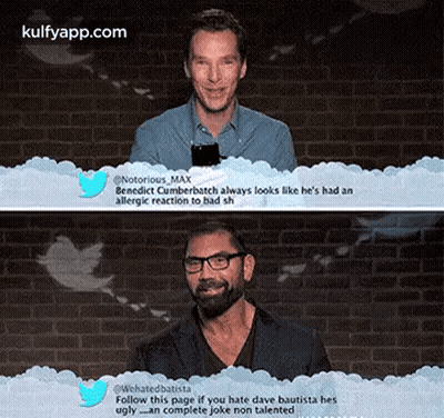 Two Men Are Standing Next To Each Other In Front Of A Brick Wall And A Twitter Page That Says Kulfyapp.com GIF