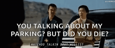 Two Men Are Standing Next To Each Other In Front Of A Car Talking About Parking . GIF