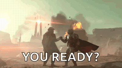 Two Men Are Standing Next To Each Other In Front Of A Large Explosion And The Words `` You Ready '' . GIF