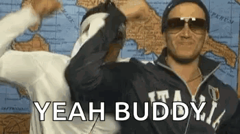 Two Men Are Standing Next To Each Other In Front Of A Map . GIF