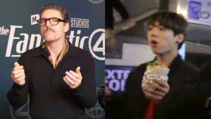 Two Men Are Standing Next To Each Other In Front Of A Sign That Says Studios GIF