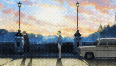 Two Men Are Standing Next To Each Other In Front Of A White Car GIF