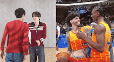 Two Men Are Standing Next To Each Other On A Basketball Court And One Of Them Is Wearing A Crop Top GIF