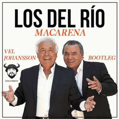 Two Men Are Standing Next To Each Other On A Los Del Rio Macarena Poster GIF