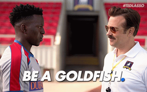 Two Men Are Standing Next To Each Other With The Words Be A Goldfish On The Bottom GIF