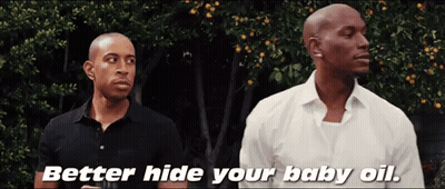 Two Men Are Standing Next To Each Other With The Words Better Hide Your Baby Oil On The Bottom GIF