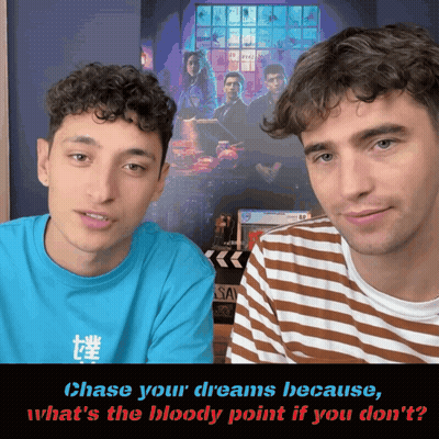 Two Men Are Standing Next To Each Other With The Words Chase Your Dreams Because GIF