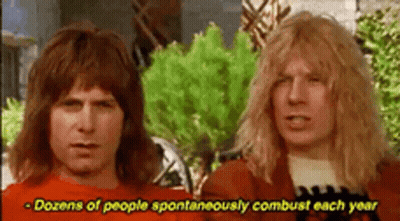 Two Men Are Standing Next To Each Other With The Words Dozens Of People Spontaneously Combust Each Year GIF