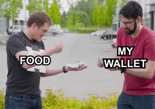 Two Men Are Standing Next To Each Other With The Words Food And My Wallet Written On Their Shirts GIF