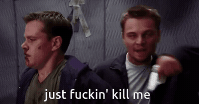 Two Men Are Standing Next To Each Other With The Words `` Just Fuckin ' Kill Me '' Written On The Bottom . GIF