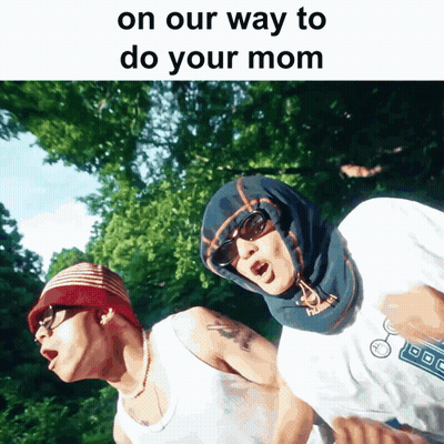 Two Men Are Standing Next To Each Other With The Words On Our Way To Do Your Mom Above Them GIF
