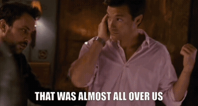 Two Men Are Standing Next To Each Other With The Words That Was Almost All Over Us On The Bottom GIF