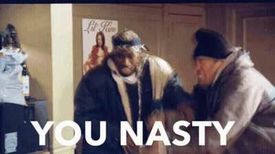 Two Men Are Standing Next To Each Other With The Words You Nasty Behind Them GIF
