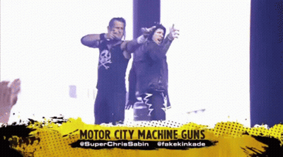 Two Men Are Standing Next To Each Other With Their Arms Outstretched And The Words Motor City Machine Guns Above Them . GIF
