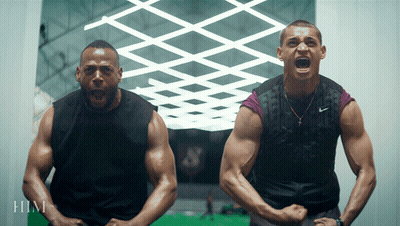 Two Men Are Standing Next To Each Other With Their Mouths Open And The Word Him Is On The Bottom Right GIF