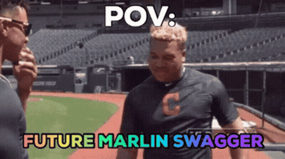 Two Men Are Standing On A Baseball Field With The Words Pov Future Marlin Swagger GIF