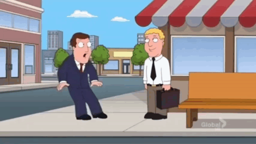 Two Men Are Standing On A Sidewalk In Front Of A Store That Says Global 2 GIF