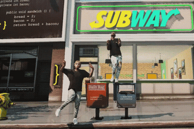 Two Men Are Standing Outside Of A Subway Restaurant GIF