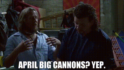 Two Men Are Talking To Each Other In A Dark Room And The Words April Big Cannons Yep Are Written On The Screen . GIF