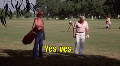 Two Men Are Walking On A Golf Course And One Of Them Says Yes Yes . GIF