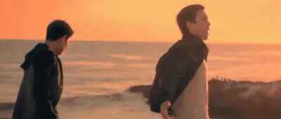 Two Men Are Walking On The Beach At Sunset With Their Backs To The Camera . GIF
