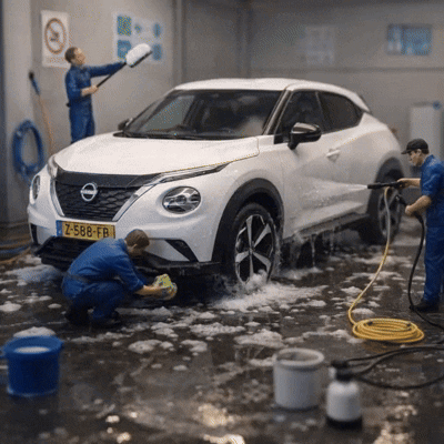 Two Men Are Washing A White Nissan With A License Plate Z-588-Fr GIF