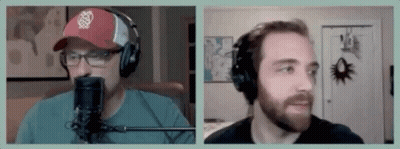 Two Men Are Wearing Headphones And Talking Into Microphones . GIF