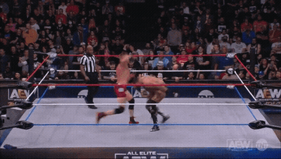 Two Men Are Wrestling In A Ring That Says Aew On The Side GIF