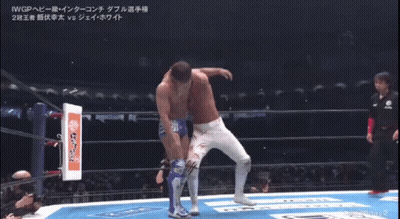 Two Men Are Wrestling In A Ring With A Banner That Says Iwgp GIF