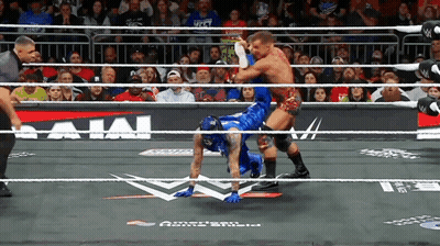Two Men Are Wrestling In A Ring With A Sign That Says Bajai On It GIF